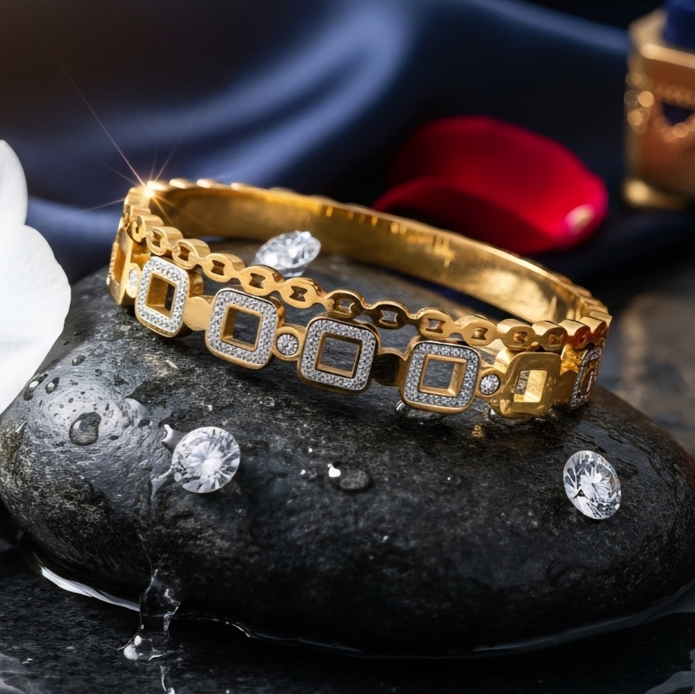 18K Gold Plated Stainless Steel CZ Cuff Bangle Bracelet Geometric Crystal Spark